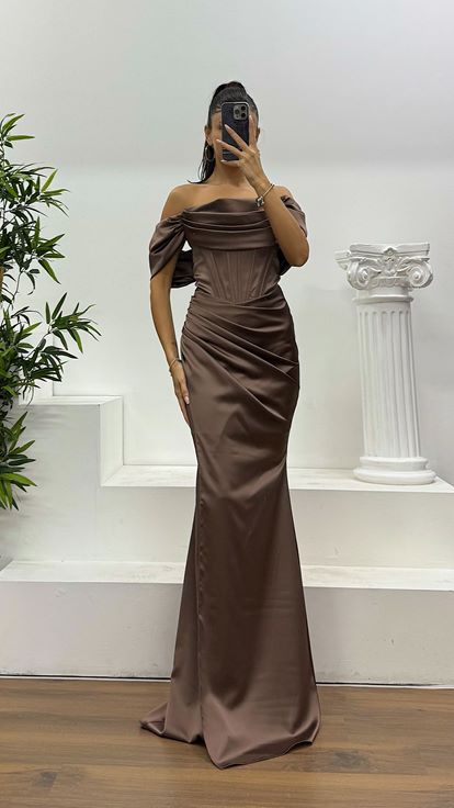 Brown Satin Evening Dress with Rope Straps