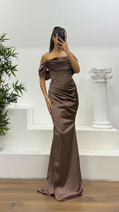 Brown Satin Evening Dress with Rope Straps
