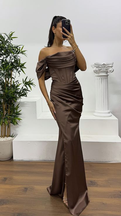 Brown Satin Evening Dress with Rope Straps