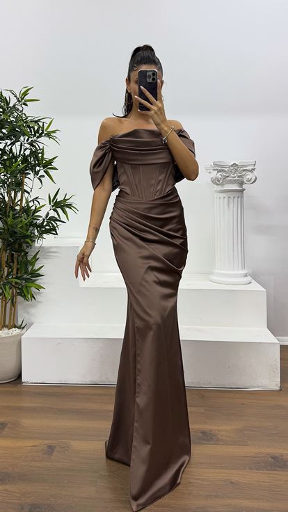 Brown Satin Evening Dress with Rope Straps