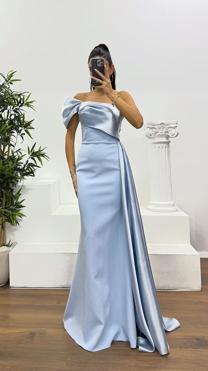 Bebe Mavi Tek Omuz Saten Detay Abiye Elbise