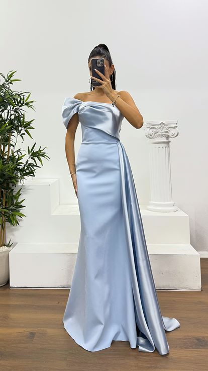 Bebe Mavi Tek Omuz Saten Detay Abiye Elbise