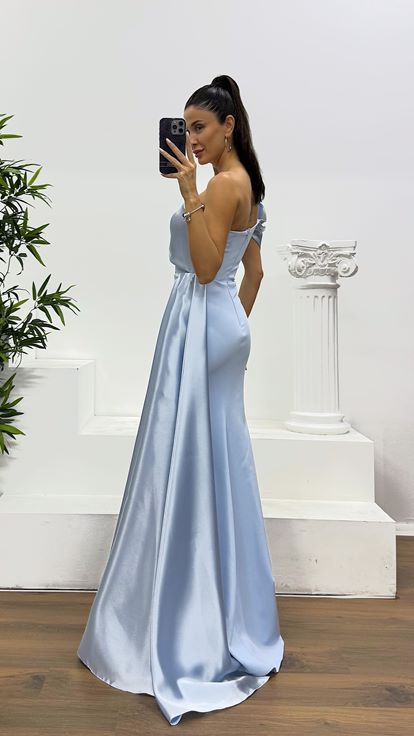 Bebe Mavi Tek Omuz Saten Detay Abiye Elbise