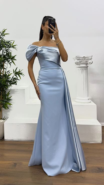 Bebe Mavi Tek Omuz Saten Detay Abiye Elbise
