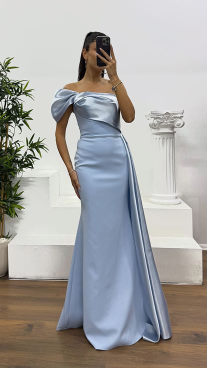 Bebe Mavi Tek Omuz Saten Detay Abiye Elbise
