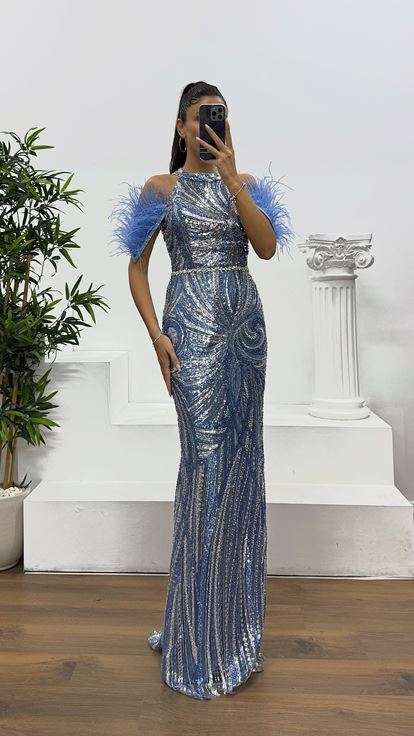 İndigo Tüy Detay İşlemeli Abiye Elbise