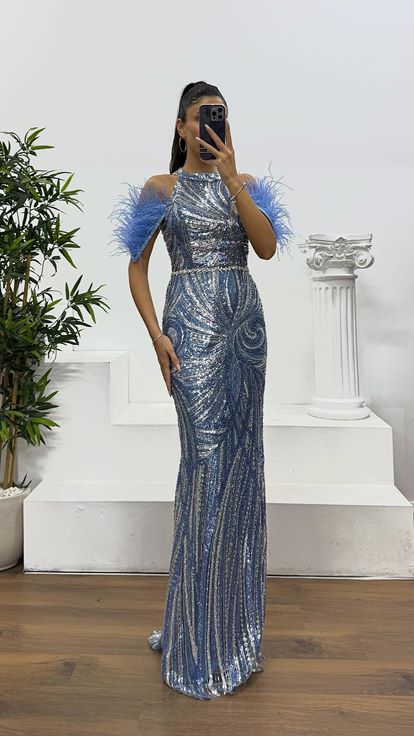 İndigo Tüy Detay İşlemeli Abiye Elbise