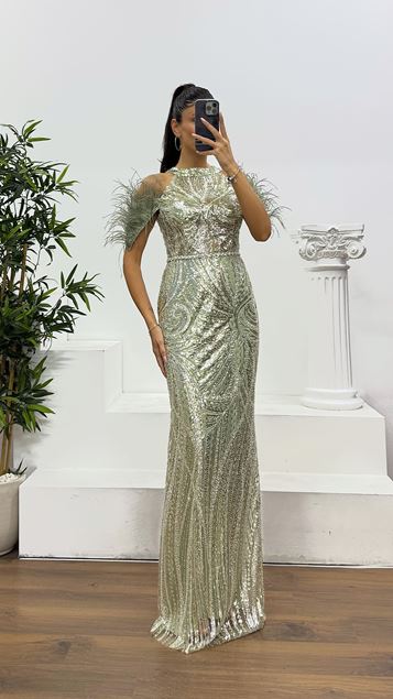 Mint Feather Detail Embroidered Evening Dress