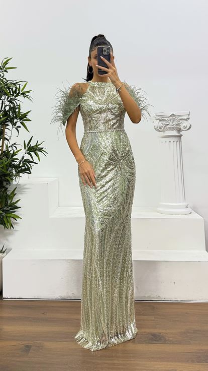 Mint Tüy Detay İşlemeli Abiye Elbise