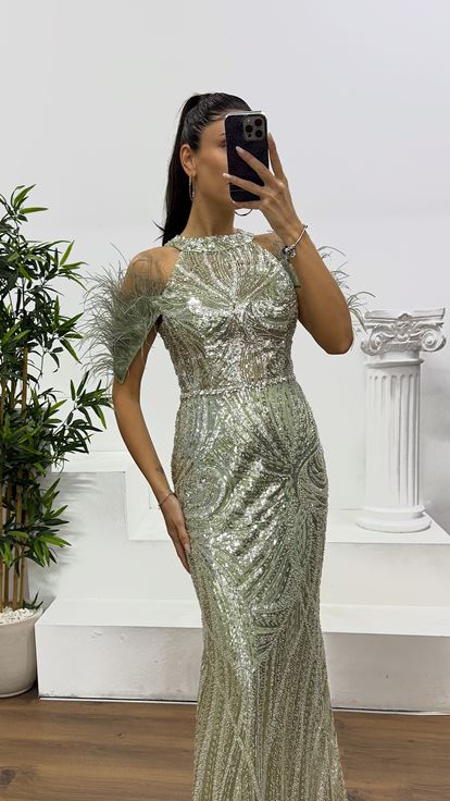 Mint Tüy Detay İşlemeli Abiye Elbise