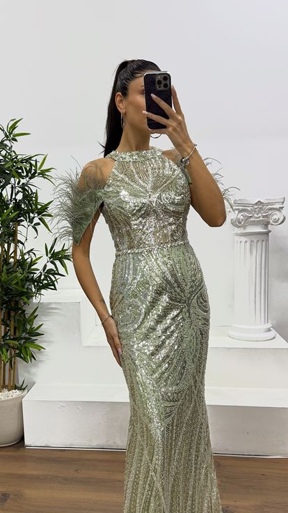 Mint Tüy Detay İşlemeli Abiye Elbise