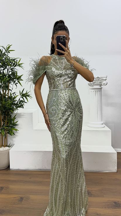 Mint Tüy Detay İşlemeli Abiye Elbise