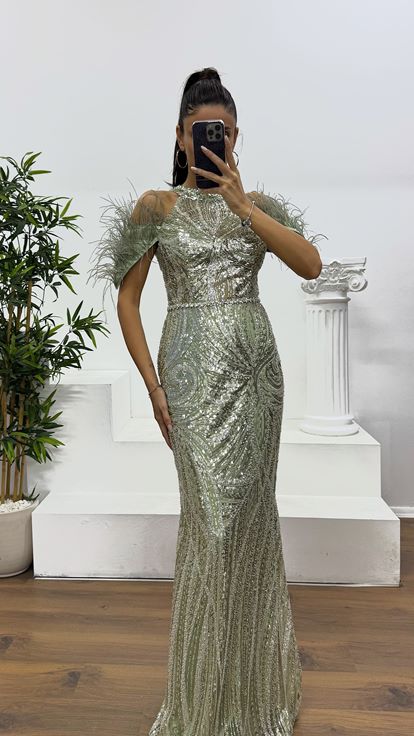 Mint Tüy Detay İşlemeli Abiye Elbise