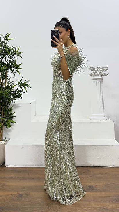 Mint Tüy Detay İşlemeli Abiye Elbise