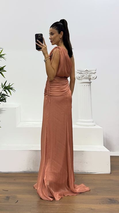 Rose Tek Omuz Şifon Abiye Elbise