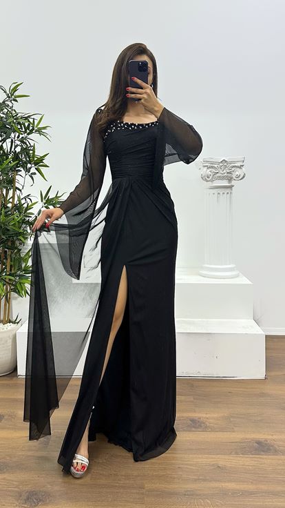 Siyah Kayık Yaka Abiye Elbise