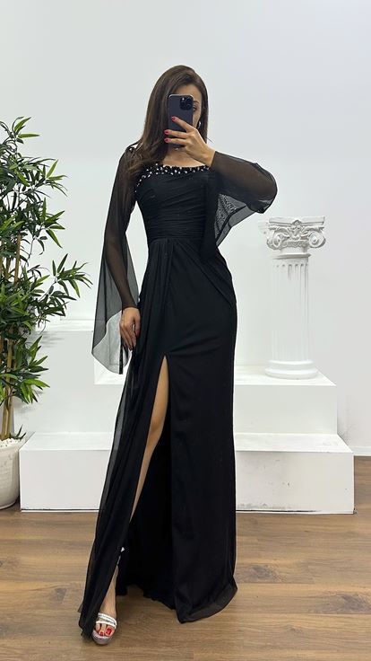 Siyah Kayık Yaka Abiye Elbise