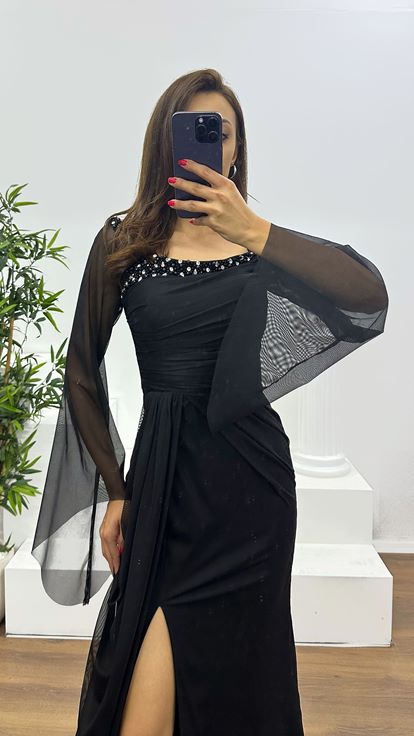 Siyah Kayık Yaka Abiye Elbise