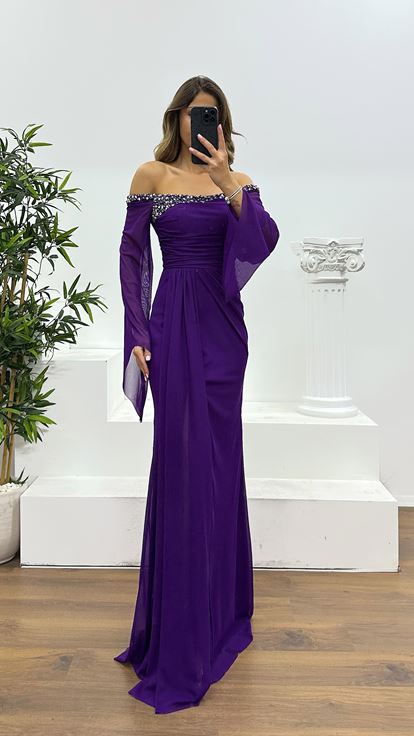 Purple Boat Neck Evening Dress