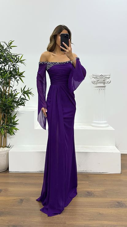Purple Boat Neck Evening Dress