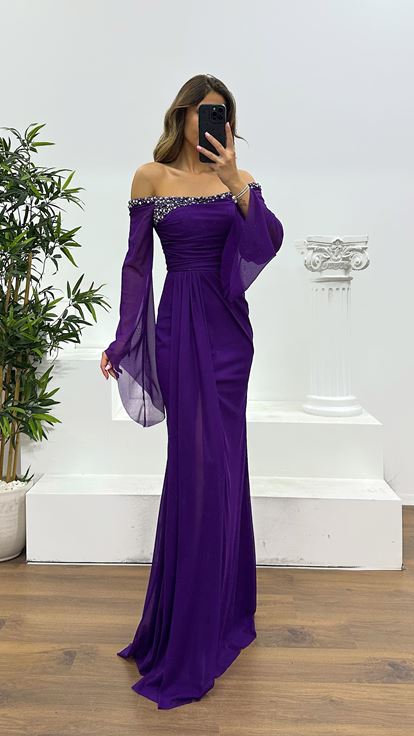 Purple Boat Neck Evening Dress
