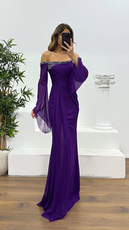 Purple Boat Neck Evening Dress