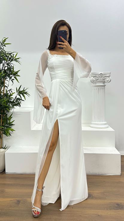 Beyaz Kayık Yaka Abiye Elbise