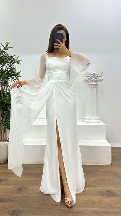 Beyaz Kayık Yaka Abiye Elbise