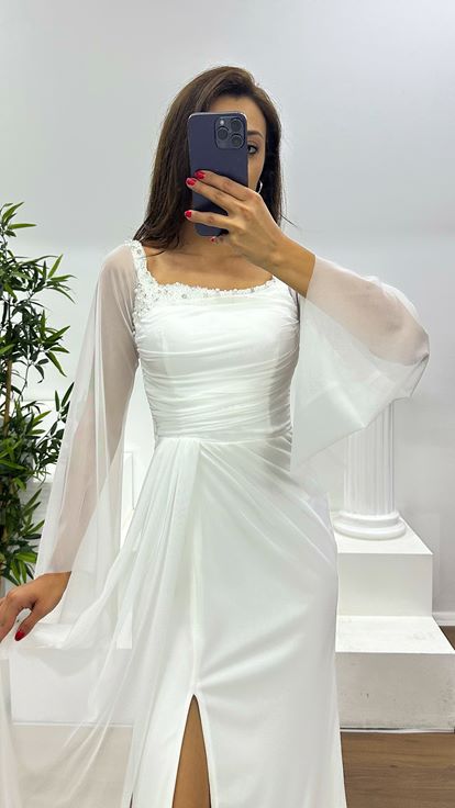 Beyaz Kayık Yaka Abiye Elbise