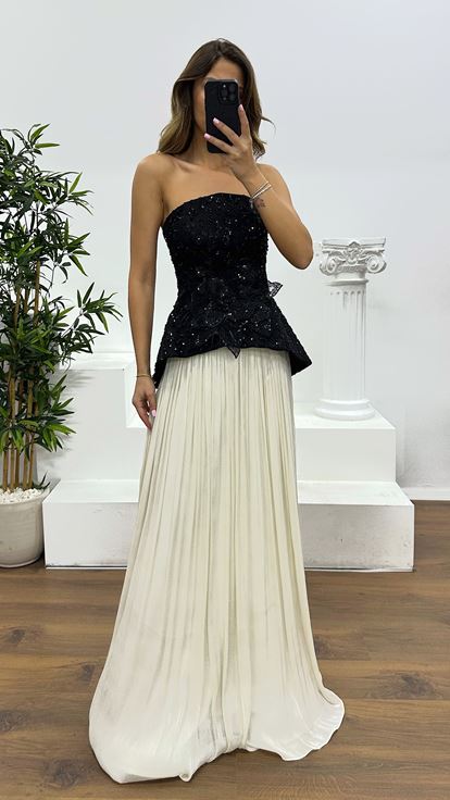 White Strapless Pleated Evening Dress