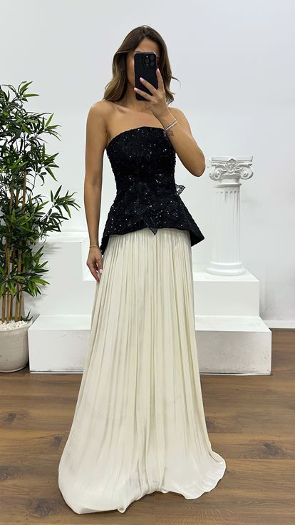 White Strapless Pleated Evening Dress