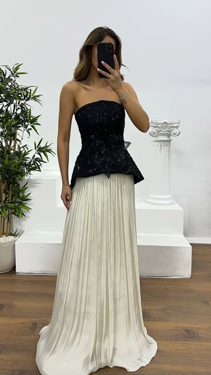 White Strapless Pleated Evening Dress