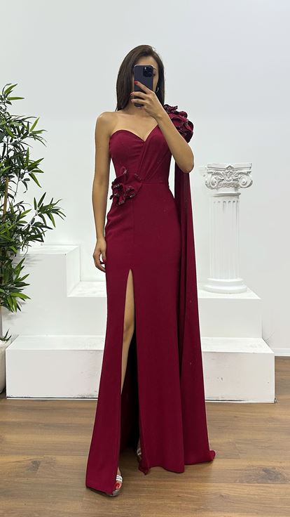 Burgundy One Shoulder Flower Detail Evening Dress