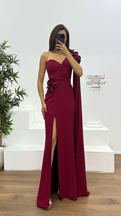 Burgundy One Shoulder Flower Detail Evening Dress
