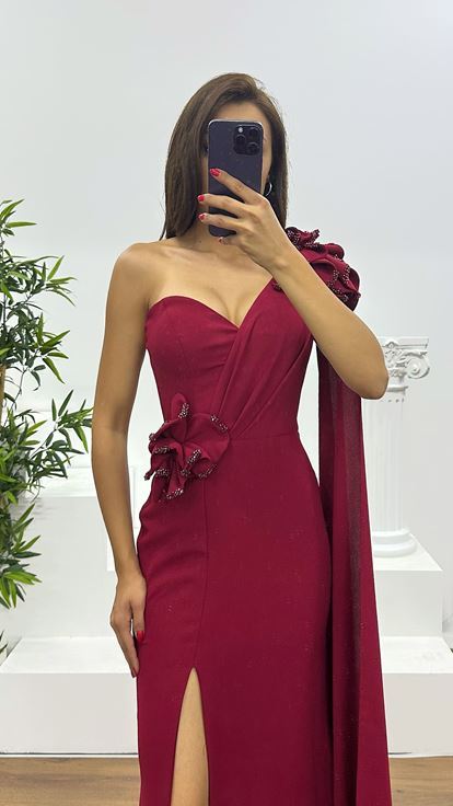 Burgundy One Shoulder Flower Detail Evening Dress