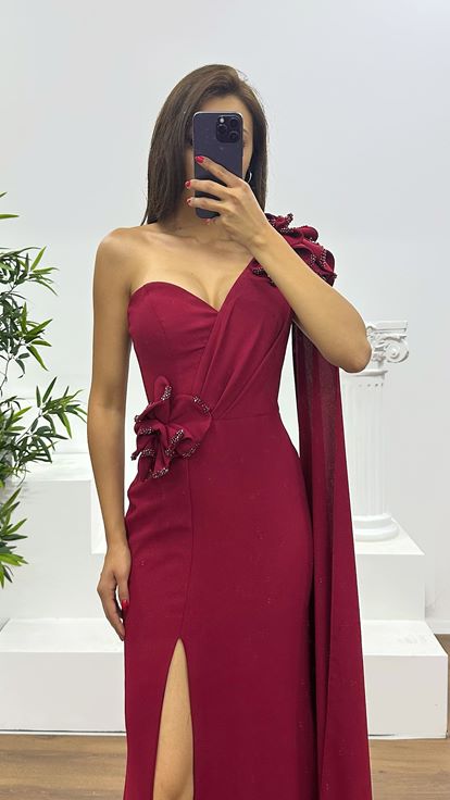 Burgundy One Shoulder Flower Detail Evening Dress