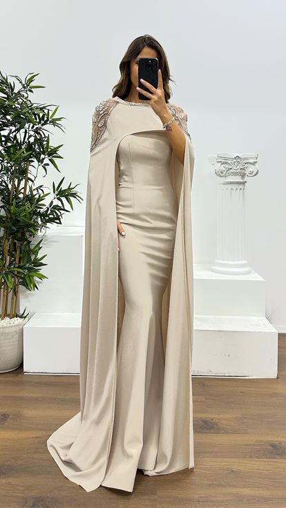 Strapless Evening Dress with Stone Cape