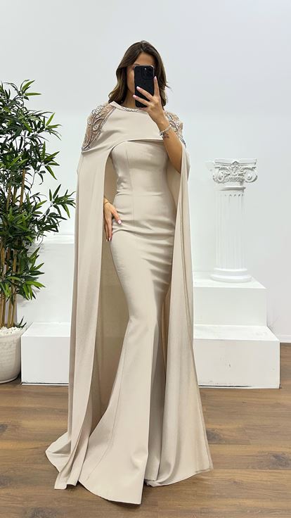 Strapless Evening Dress with Stone Cape