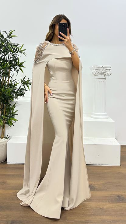 Strapless Evening Dress with Stone Cape