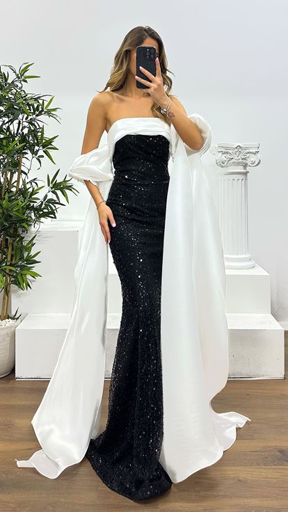 Siyah Balon Kol İşlemeli Abiye Elbise