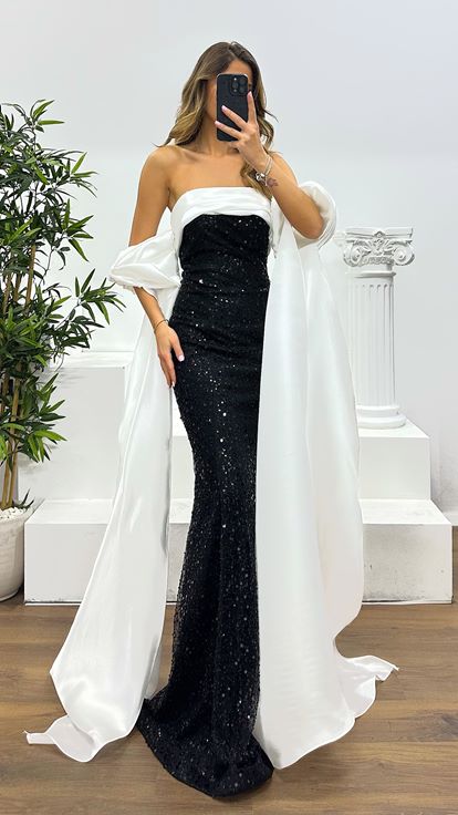 Siyah Balon Kol İşlemeli Abiye Elbise