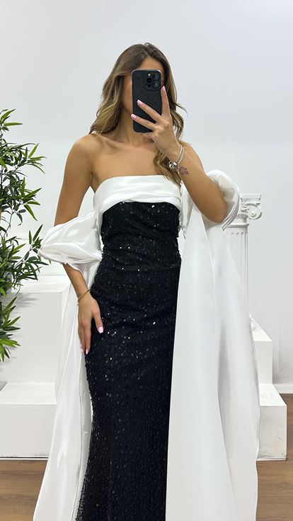 Siyah Balon Kol İşlemeli Abiye Elbise