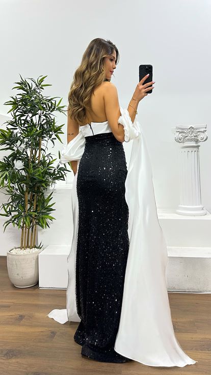 Siyah Balon Kol İşlemeli Abiye Elbise