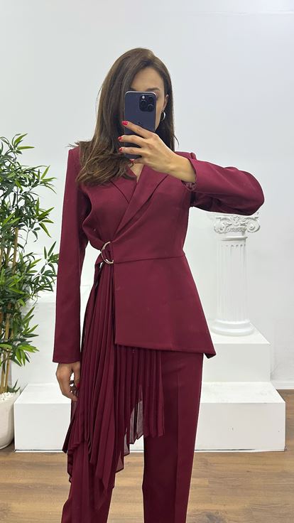 Bordo Kemerli Ceket Takım