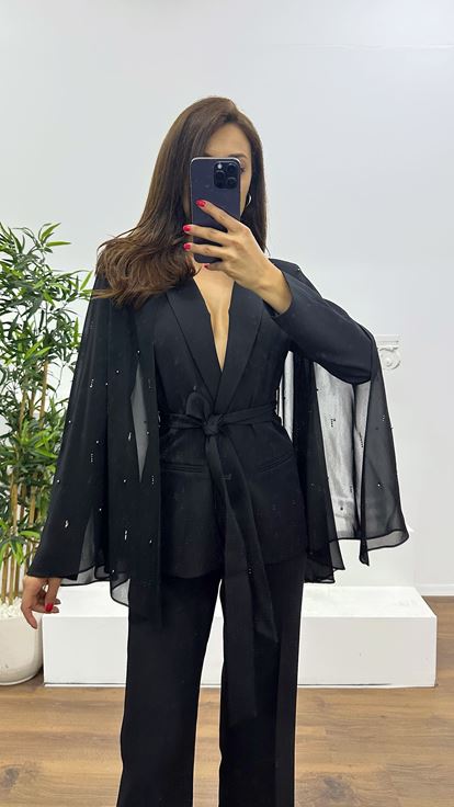 Siyah Pelerinli Ceket Takım
