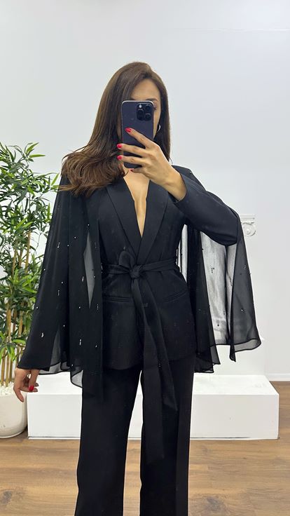 Siyah Pelerinli Ceket Takım