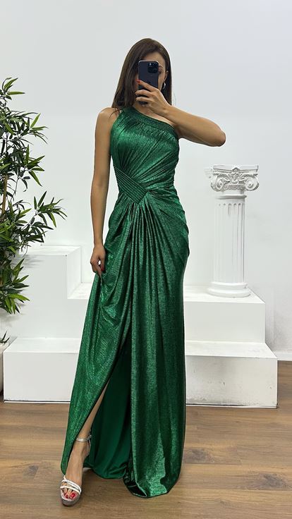 Emerald One Shoulder Evening Dress