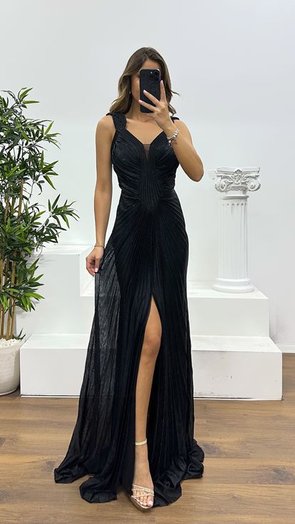 Black Strappy Draped Evening Dress