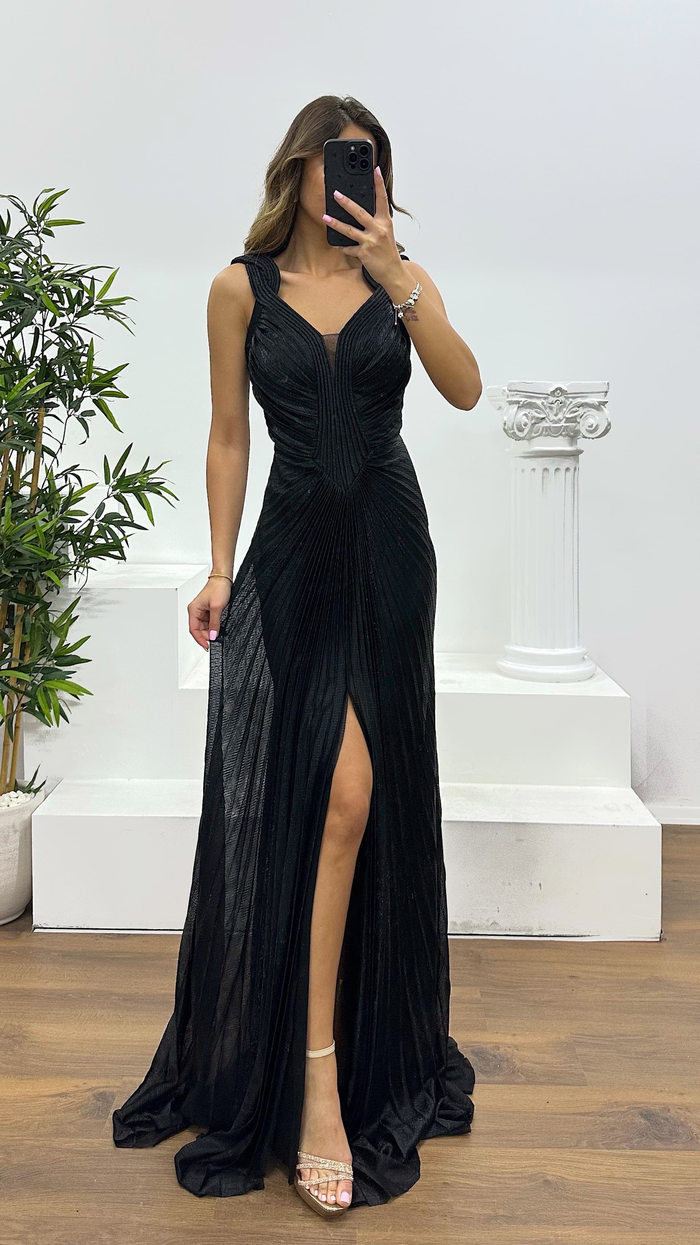 Black Strappy Draped Evening Dress
