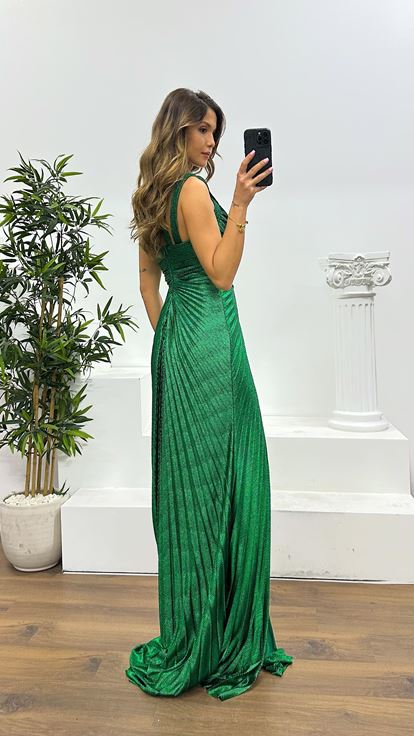 Zümrüt Askılı Drapeli Abiye Elbise